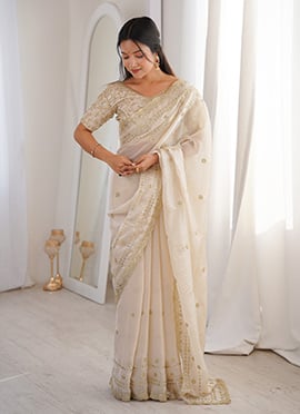 Cream Fandy Silk Embroidered Sequins Saree