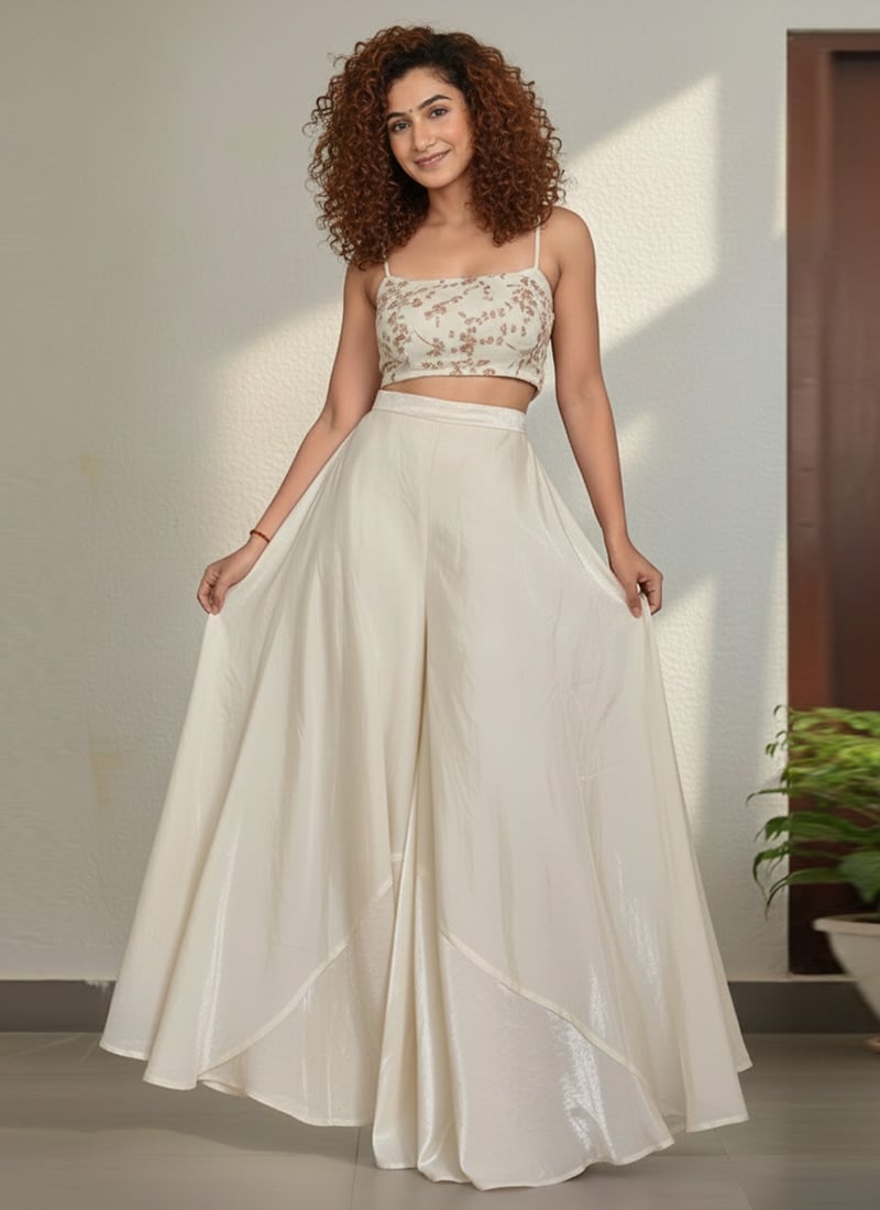 Cream Fandy Silk Hand Embroidered Zari Sequins Indowestern Palazzo Set After Six Wear