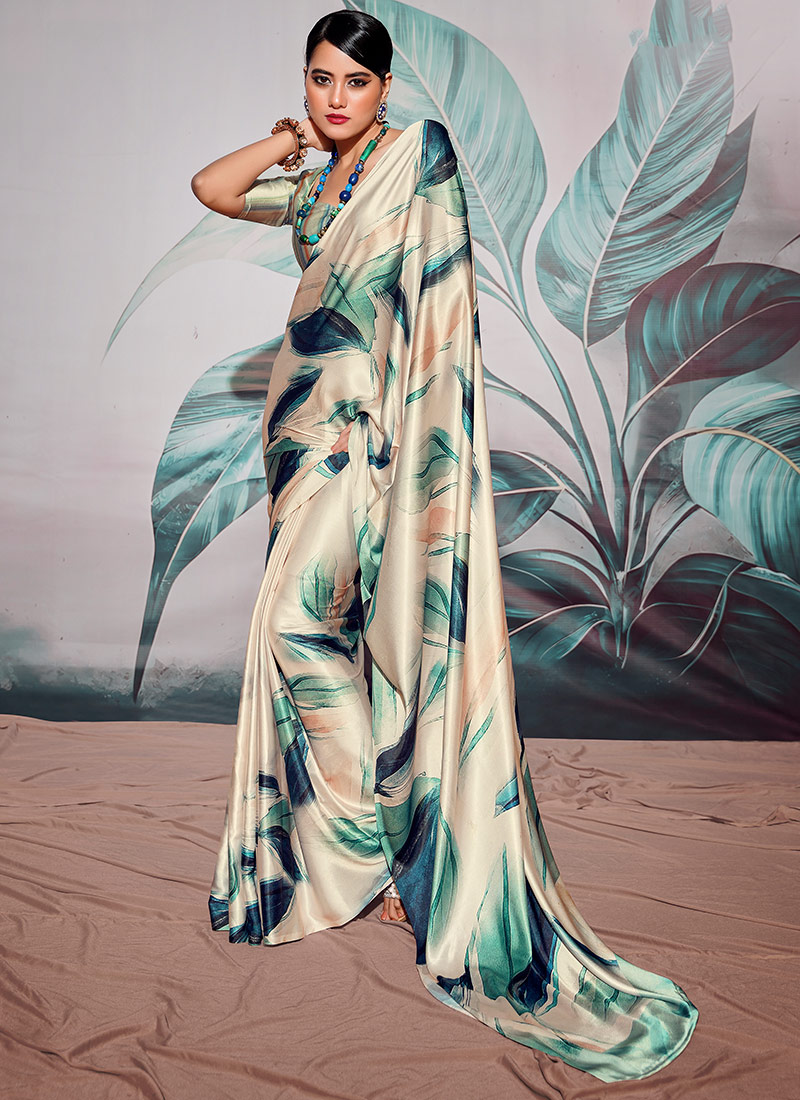 Cream Faux Crepe Digital Print Saree