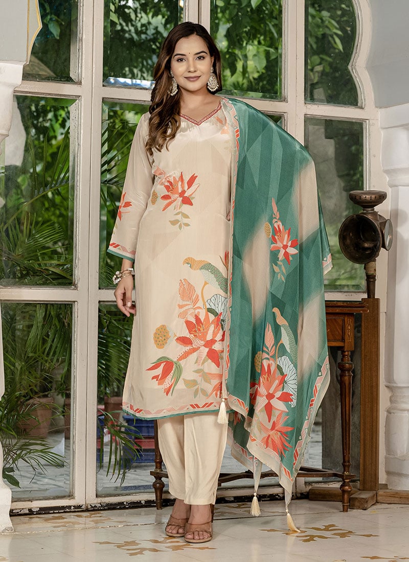 Cream Faux Crepe Digital Print Zardosi Sequins And Beads Straight Pant Suit Festive Wear