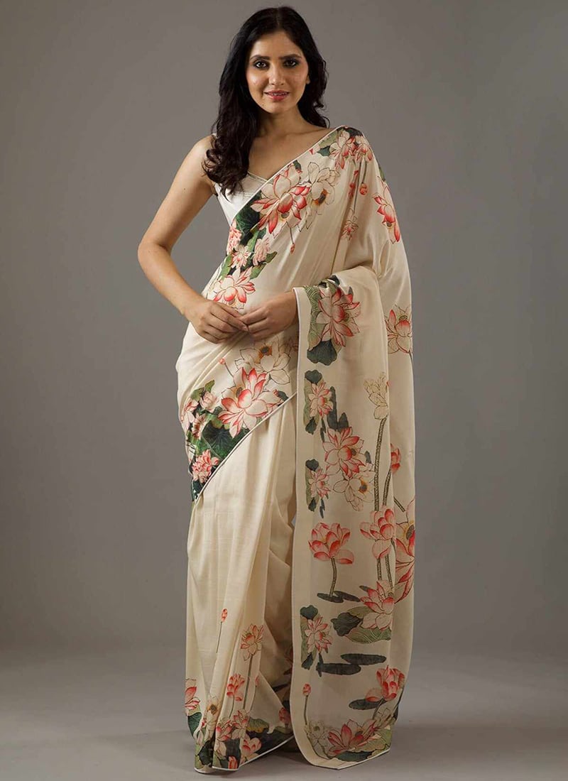 Cream Faux Georgette Digital Print Saree