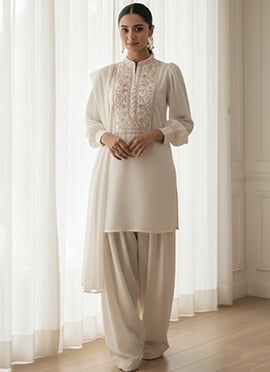 Cream Faux Georgette Embroidered Salwar Suit