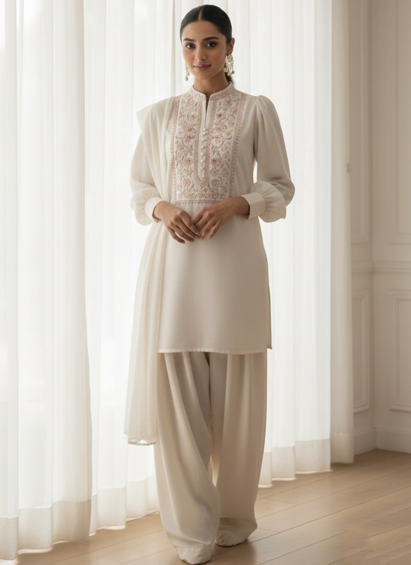 Cream Faux Georgette Embroidered Salwar Suit After Six Wear