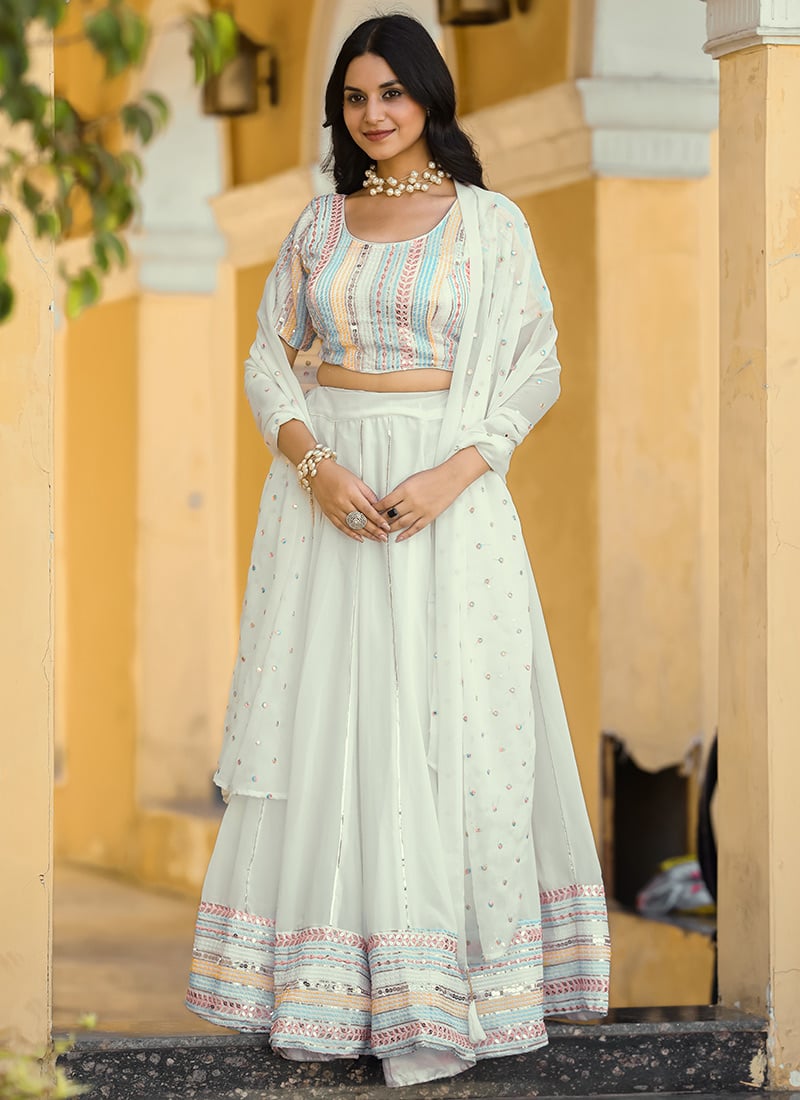 Cream Faux Georgette Embroidered Sequins Ravishing Lehenga Wedding Wear