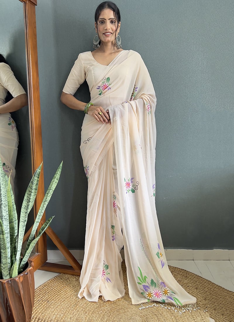 Cream Faux Georgette Hand Painted Saree