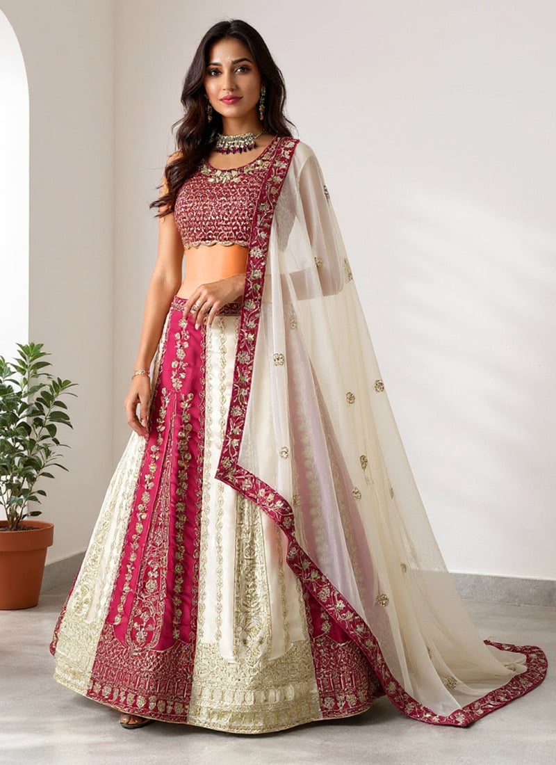 Cream Faux Georgette Lehenga With Zari Embroidery And Sequins Work Wedding Wear
