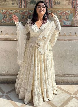 Cream Faux Georgette Lucknowi Work Sequins Anarkali Suit