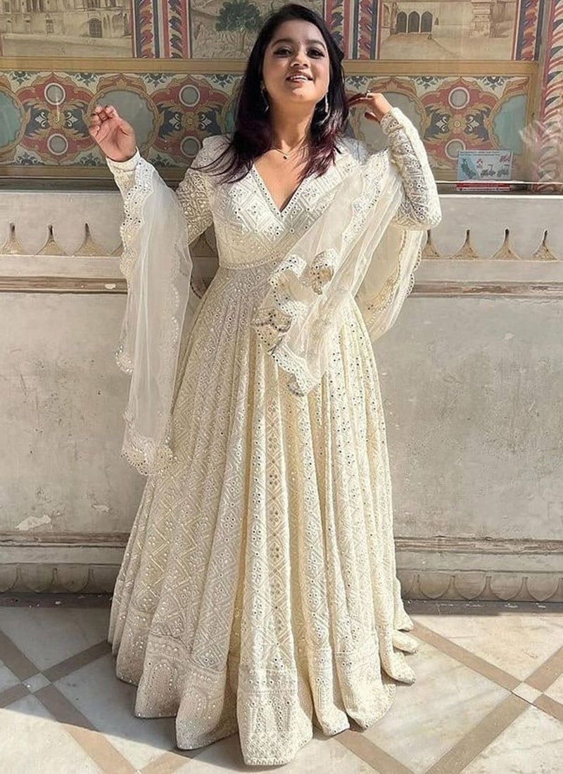 Cream Faux Georgette Lucknowi Work Sequins Anarkali Suit Festive Wear