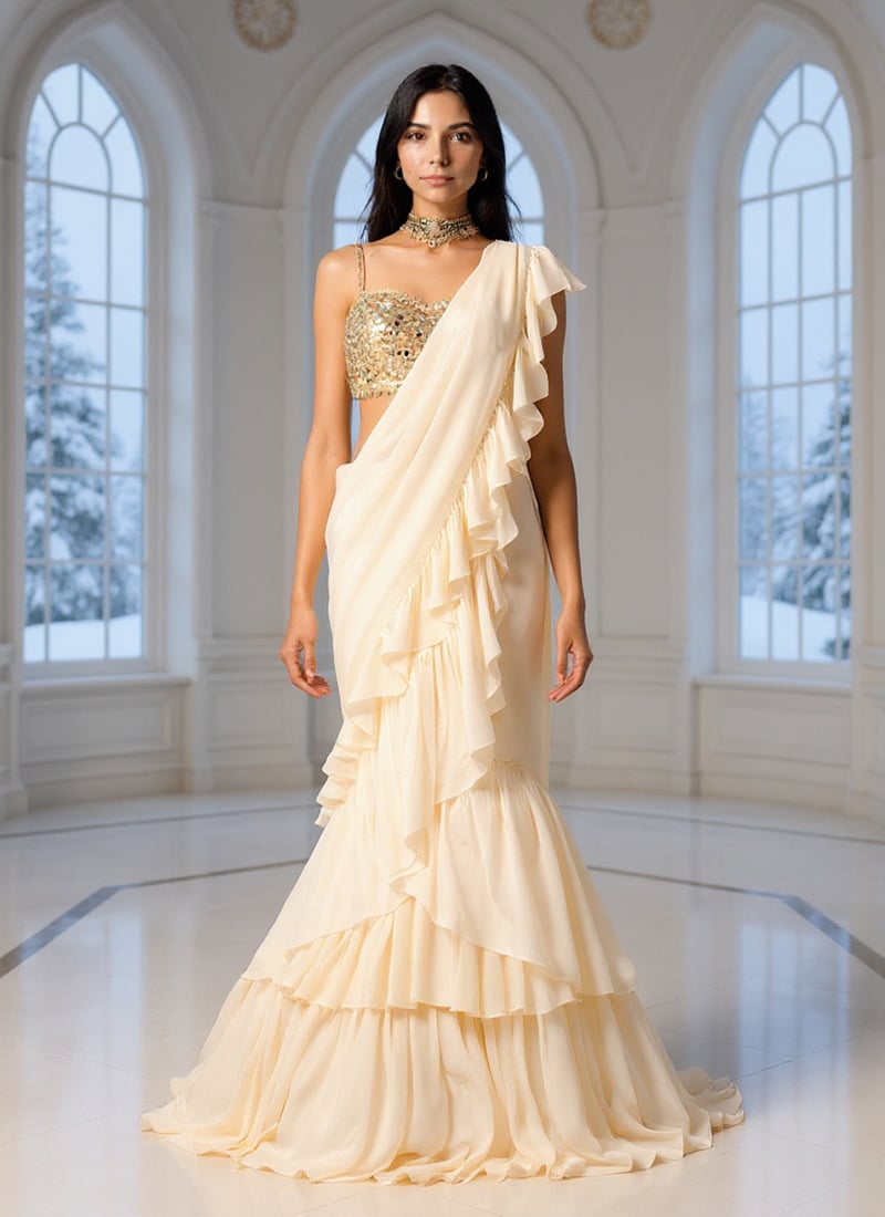 Cream Faux Georgette Mirror Hand Embroidered Lehenga Saree