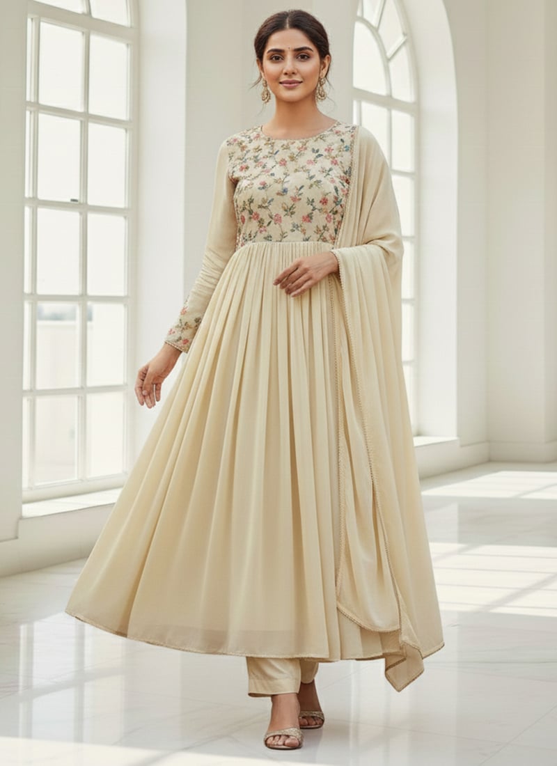 Cream Faux Georgette Resham Anarkali Suit Festive Wear