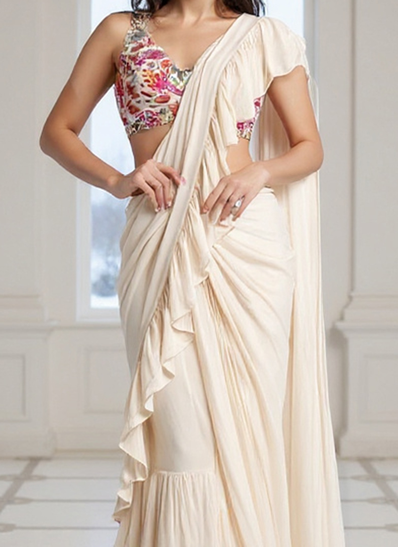 Exclusive Faux Georgette Drape Saree – Embroidery, Real Mirror & Pearl Hand Work with Stitched Blouse