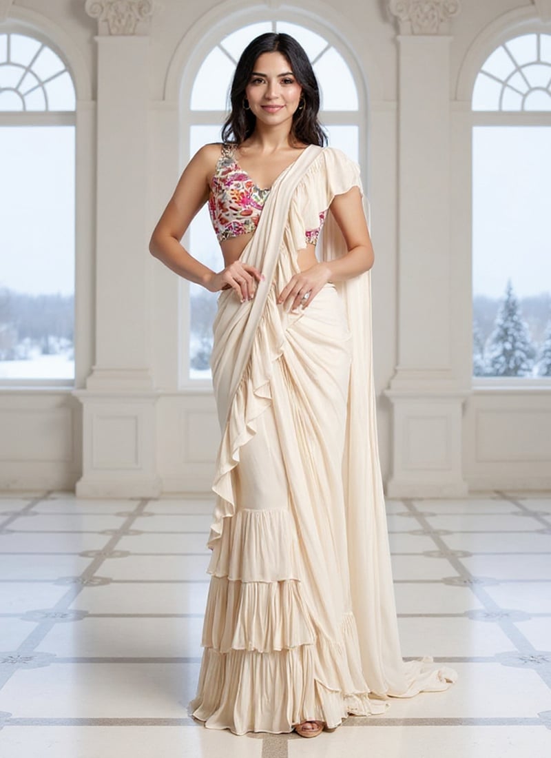 Cream Faux Georgette Resham Zari Hand Embroidered Lehenga Saree Wedding Wear