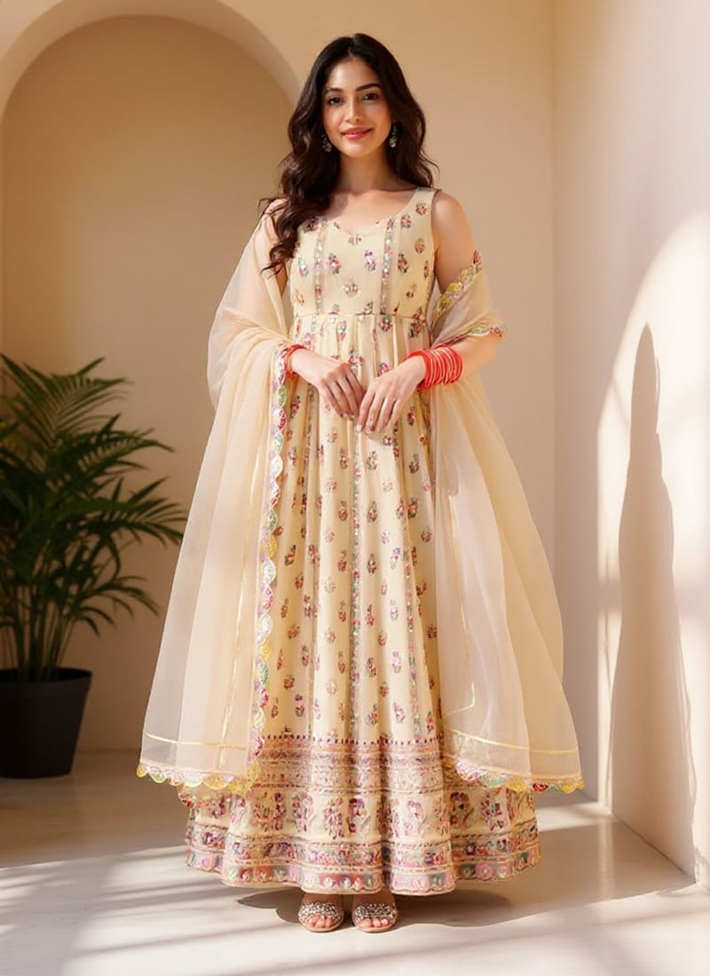 Cream Faux Georgette Zari Embroidered Sequins Anarkali Suit Festive Wear