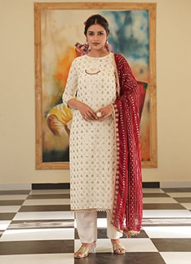 Cream Georgette Zari Embroidered Sequins Straight Pant Suit
