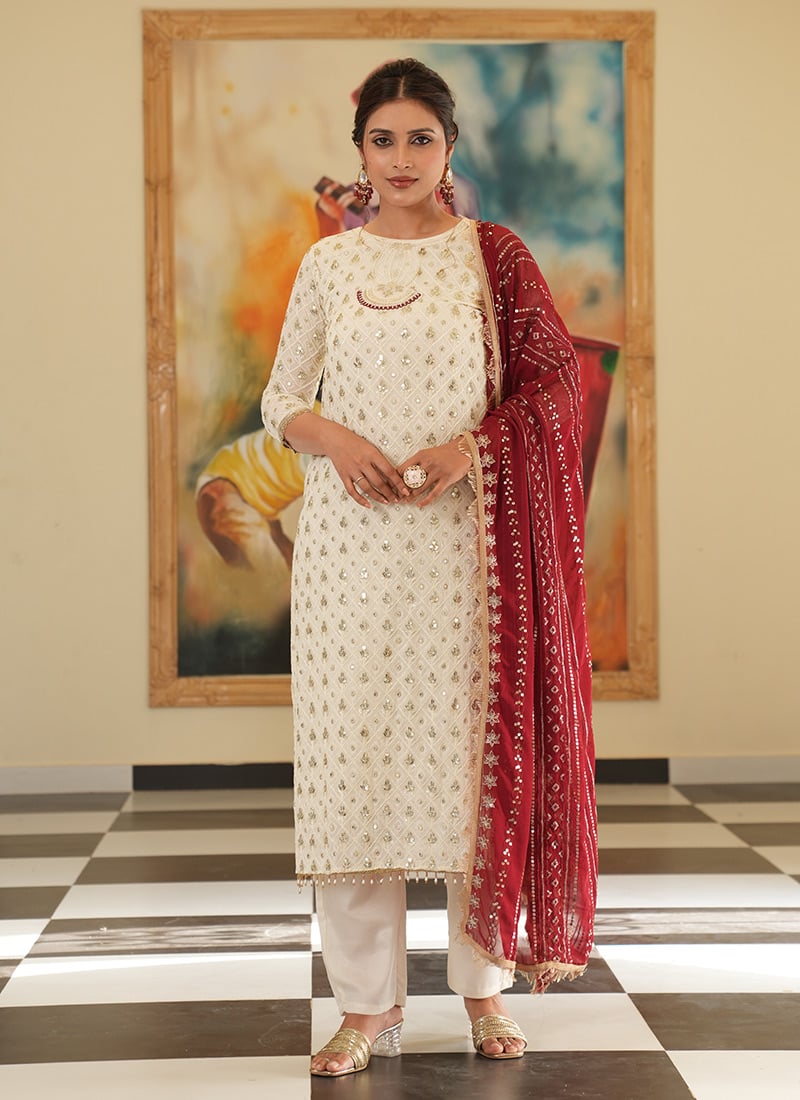 Cream Faux Georgette Zari Embroidered Sequins Straight Pant Suit Festive Wear