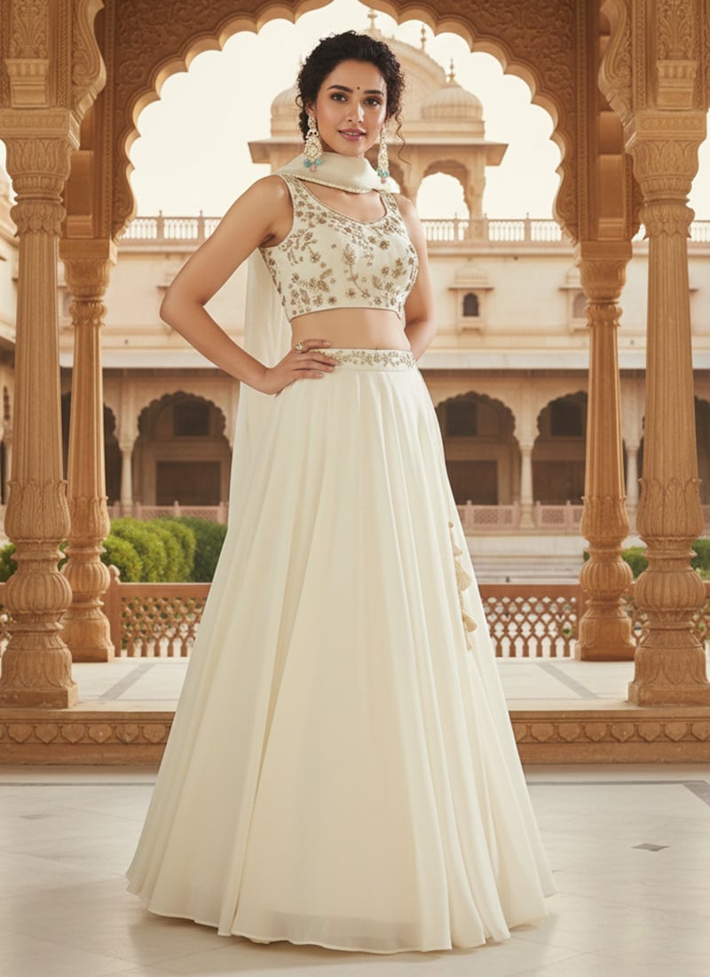 Cream Faux Georgette Zari Hand Embroidered Sequins Stone Work Lehenga Wedding Wear