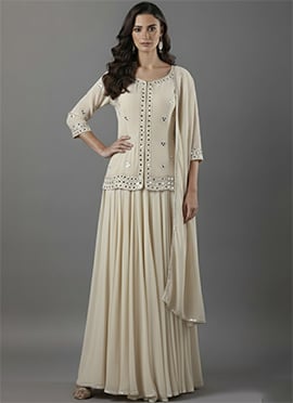 Cream Faux Georgette Zari Mirror Hand Embroidered Long Choli Lehenga