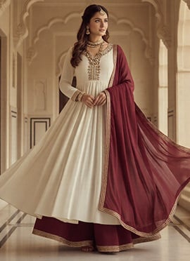 Cream Faux Georgette Zari Sequins Hand Embroidered Anarkali Suit