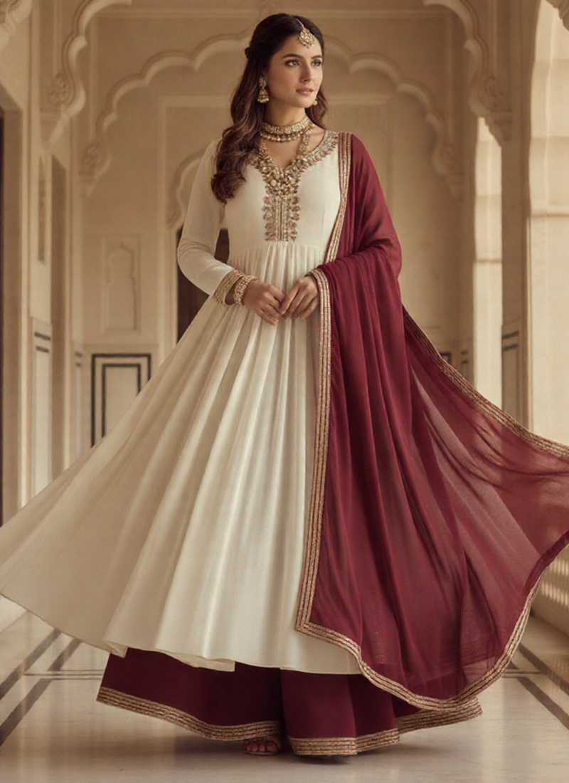 Cream Faux Georgette Zari Sequins Hand Embroidered Anarkali Suit Festive Wear