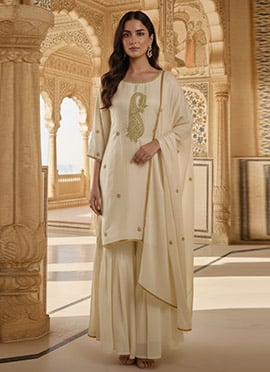 Cream Faux Georgette Zari Sequins Sharara Suit