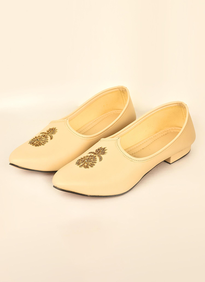 Cream Faux Leather Embroidered Men Footwear MFWMRG265