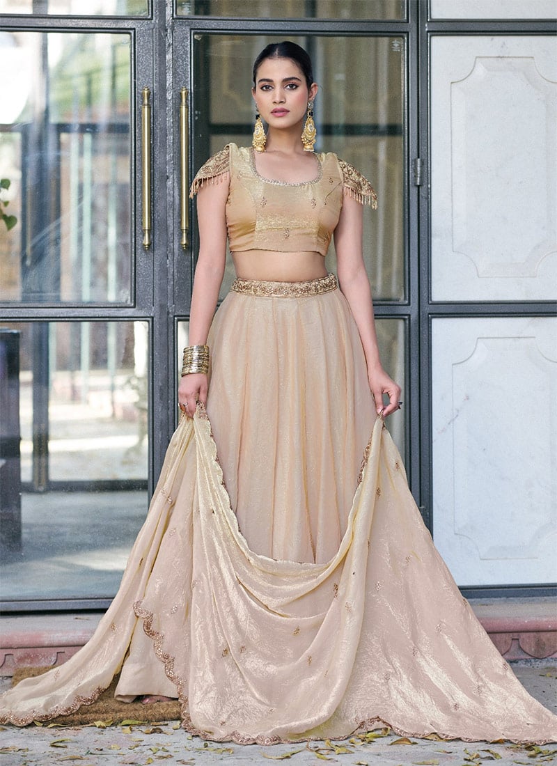 Cream Fendi Silk Embroidered Sequins Lehenga Festive Wear