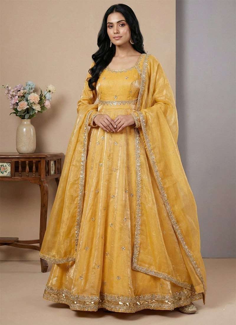 Cream Fendy Silk Embroidered Sequin Anarkali Suit Festive Wear