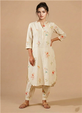 Cream Floral Cotton Straight Kurta With Straight Pants