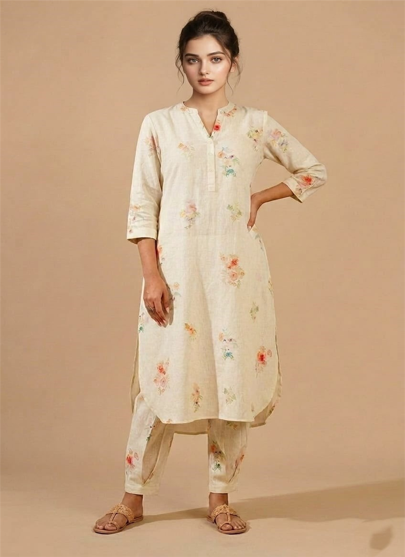 Cream Floral Cotton Straight Kurta With Straight Pants After Six Wear