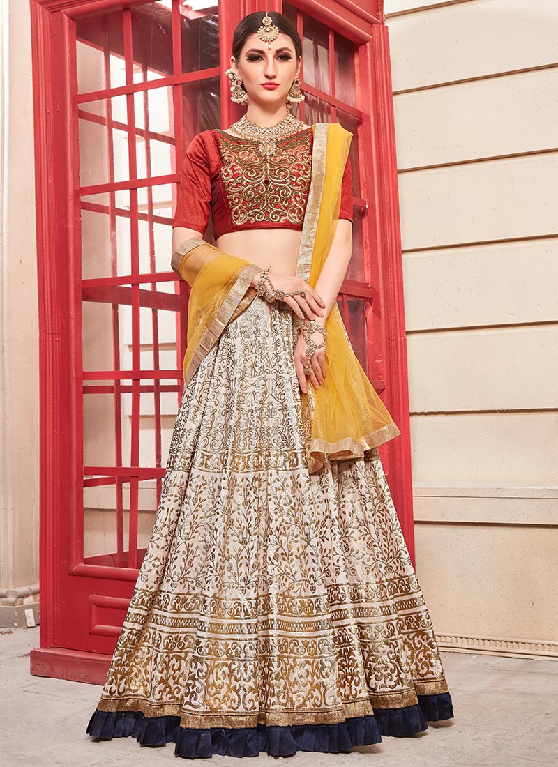 Buy Cream Foil Work Umbrella Lehenga, Printed, umbrella lehenga Online
