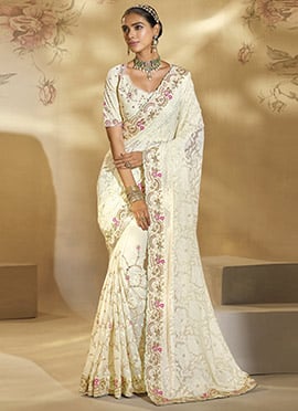 Cream Georgette Beads Sequins Zari Lucknowi Thread Cutdana Saree