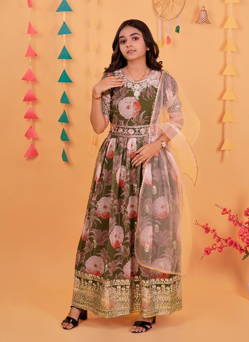 Kids Girls Green Georgette Digital Print Embroidered Sequins Kids Girls Anarkali Suit Festive Wear