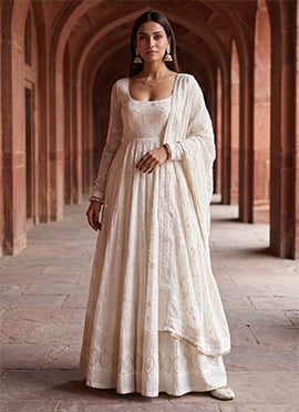 Cream Georgette Embroidered Anarkali Suit
