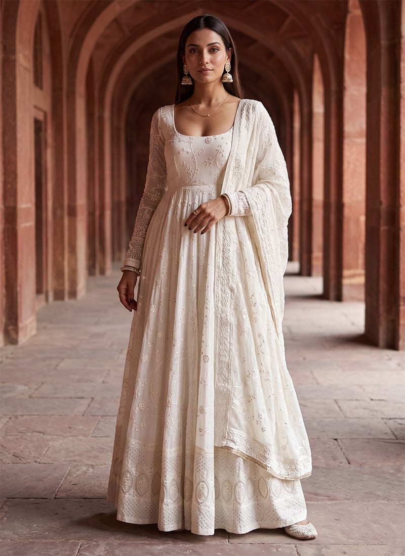 Cream Georgette Embroidered Anarkali Suit After Six Wear