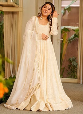 Cream Georgette Embroidered Anarkali Suit