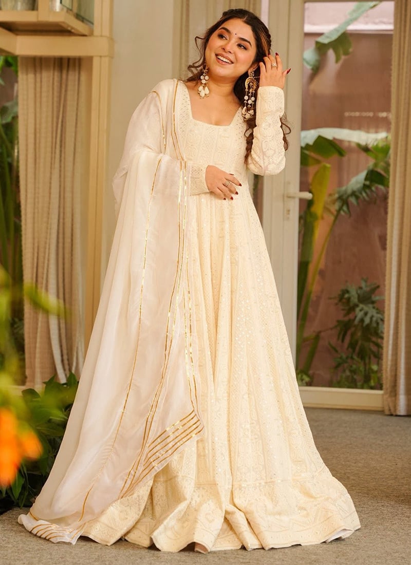 Cream Georgette Embroidered Anarkali Suit After Six Wear
