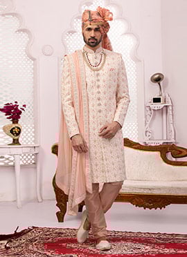 Cream Georgette Embroidered Chipkan Sherwani