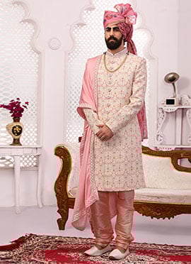Cream Georgette Embroidered Chipkan Sherwani