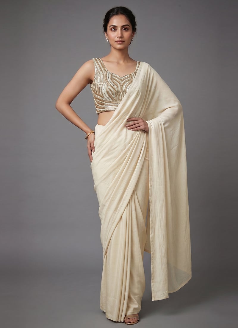 Cream Georgette Embroidered Sequins Beads Saree Party Wear