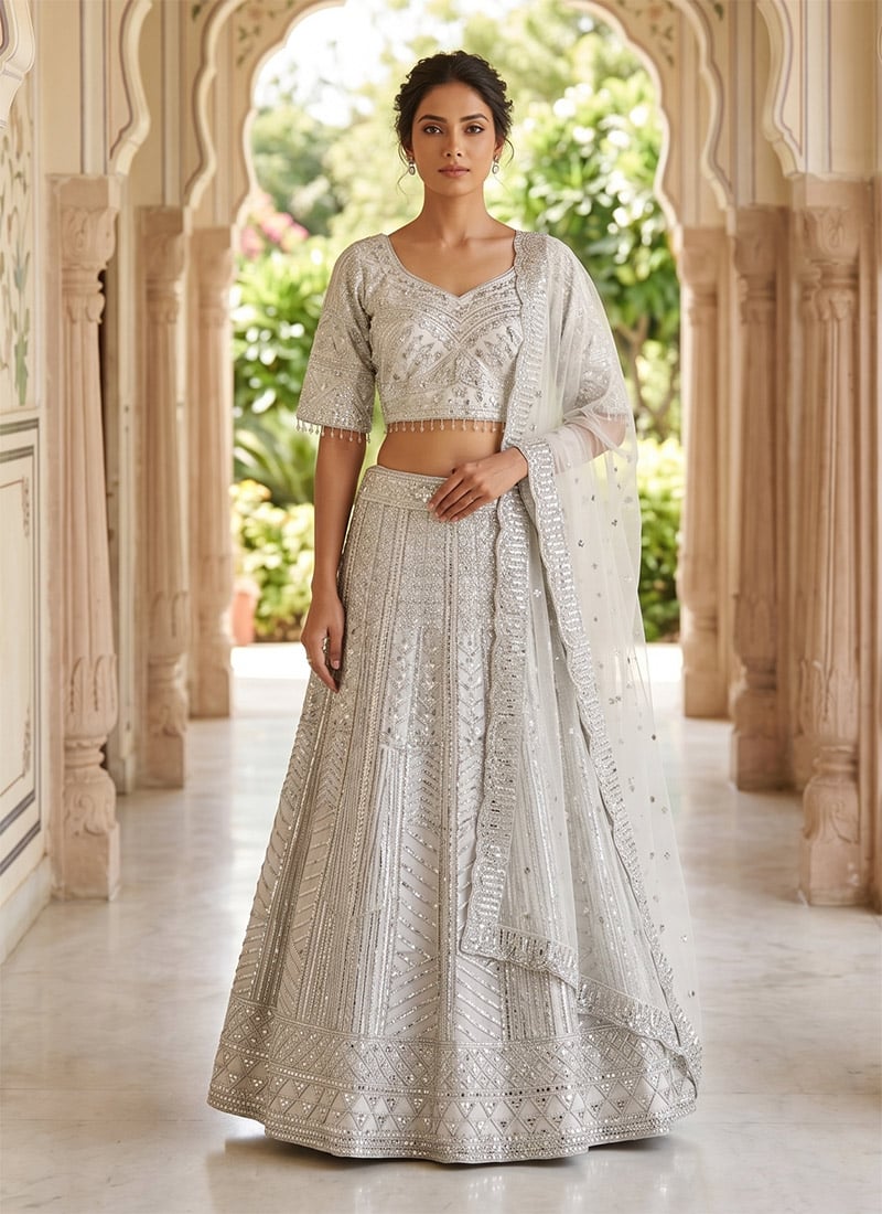 Cream Georgette Embroidered Sequins Lehenga Wedding Wear