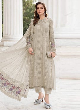 Cream Georgette Embroidered Sequins Straight Pant Suit