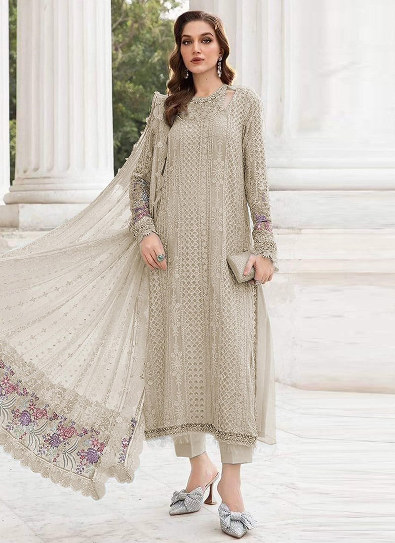 Cream Georgette Embroidered Sequins Straight Pant Suit After Six Wear