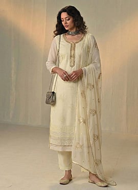 Cream Georgette Embroidered Sequins Thread Khatli Work Straight Pant Suit