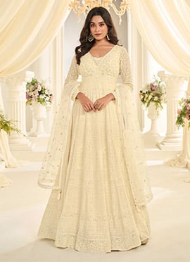 Cream Georgette Embroidered Sequins With Moti Work Abaya Style Anarkali Gown