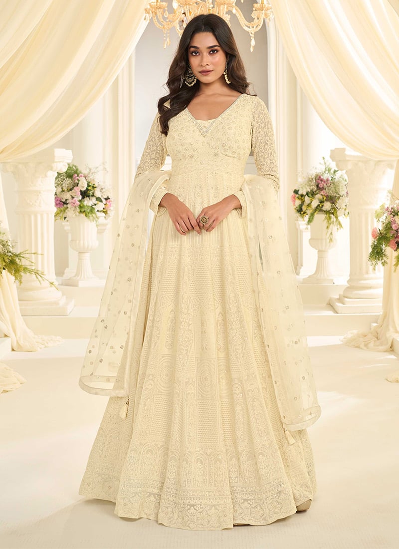 Cream Georgette Embroidered Sequins With Moti Work Abaya Style Anarkali Gown Wedding Wear