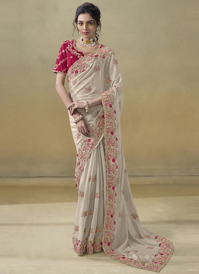 Cream Georgette Embroidered Stones And Zari Saree Wedding Wear