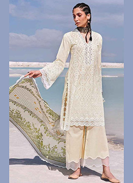 Cream Georgette Embroidery Straight Pant Suit