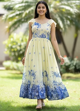 Cream Georgette Floral Print Dresses and Gown