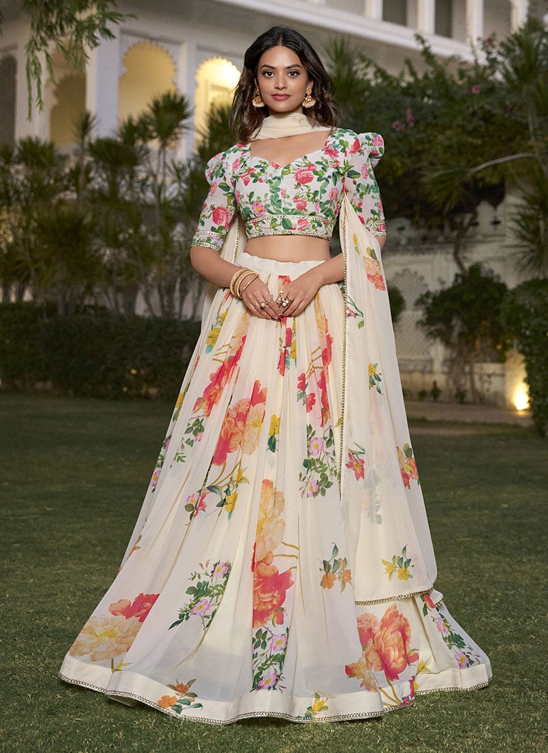 Cream Georgette Floral Printed Lehenga Festive Wear
