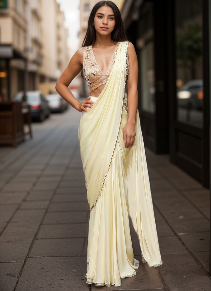 Cream Georgette Hand Embroidered Beads Work Pre Draped Saree